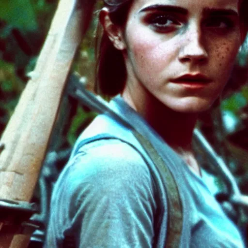 Image similar to film still, close up, emma watson vietnam door gunner, film still from apocalypse now ( 1 9 7 9 ), 2 6 mm, kodak ektachrome, blue tint expired film,