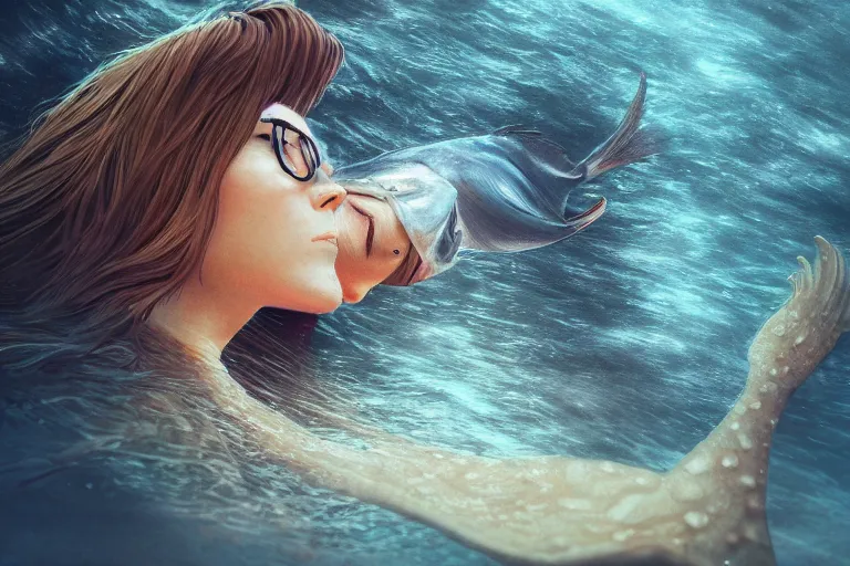 Image similar to long shot photo of fishes swimming around woman, highly detailed, photorealistic, reflections, smooth, sharp focus, concept art, illustration, beautiful, geometric, trending on artstation, cinematic, featured on behance , artwork by WLOP and Tran, Ross