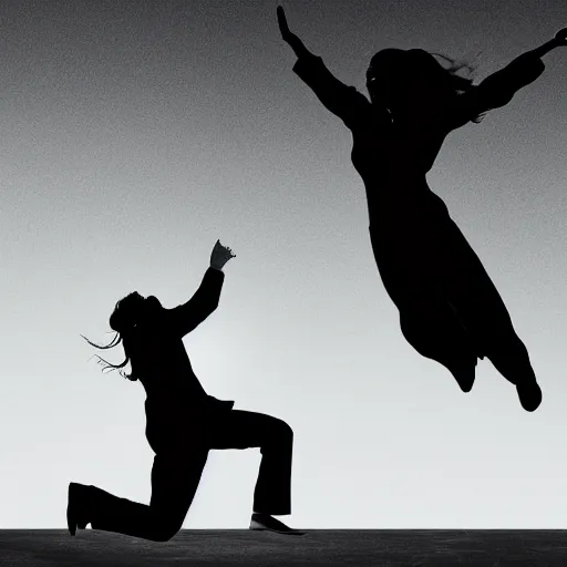 Image similar to a man holding a woman jumps into the air. the two figures are black silhouettes