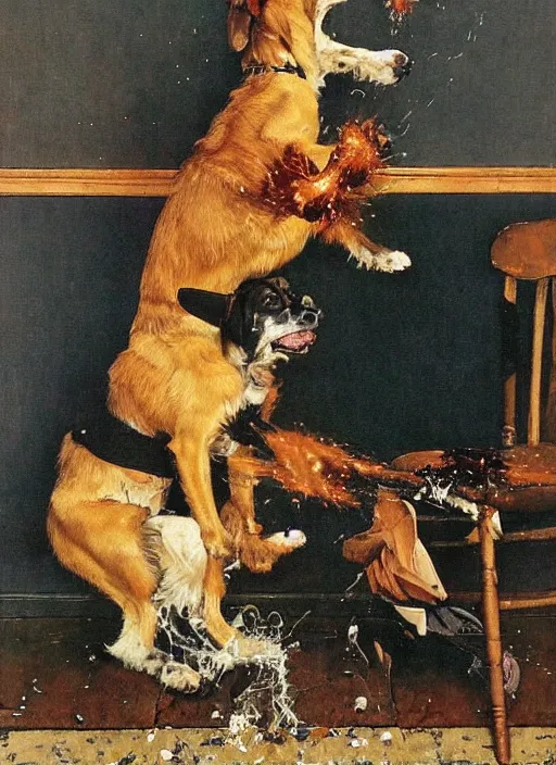 Image similar to a norman rockwell painting of an exploding dog