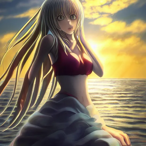 Image similar to image of Barbara genshin impact in a light dress against the sea, anime art, genshin impact, highly detailed, beautiful, art, 4k, soft light, studio light