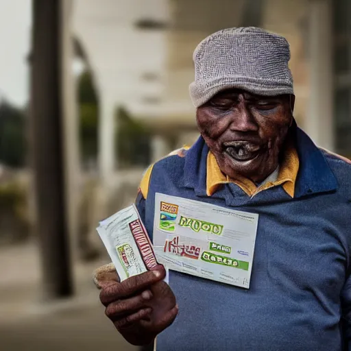 Image similar to award winning photo, blind man selling coupons