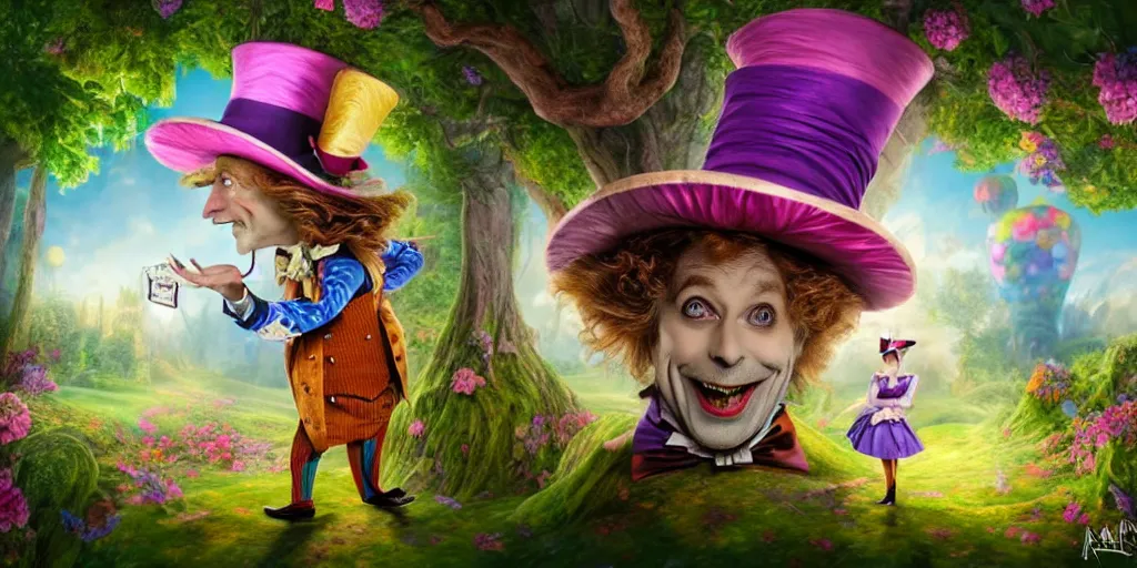 Prompt: The Mad Hatter landscape portrait, Alice in wonderland, colorful, wide angle, super highly detailed, professional digital painting, artstation, concept art, smooth, sharp focus, no blur, no dof, extreme illustration, Unreal Engine 5, Photorealism, HD quality, 8k resolution, cinema 4d, 3D, beautiful, cinematic, art by artgerm and greg rutkowski and alphonse mucha and loish and WLOP