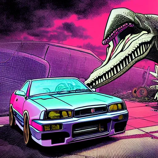 Prompt: beautiful hyper-detailed full colour manga illustration of a giant titan dinosaur biting a nissan skyline r34, cyberpunk, neon, car wreck