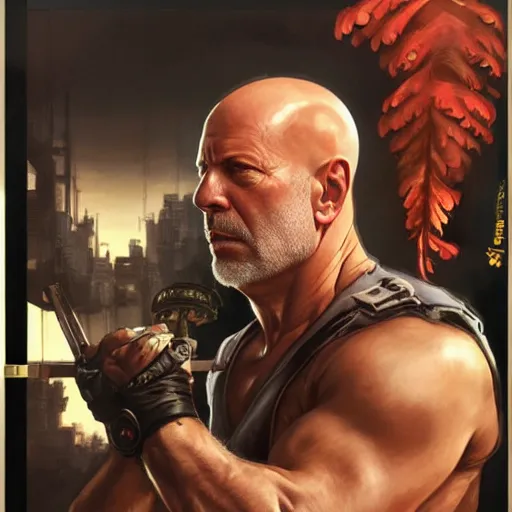 Image similar to bruce willis as sagat from street fighter, wearing an eye patch, 4 k, ultra realistic, detailed focused art by artgerm and greg rutkowski and alphonse mucha