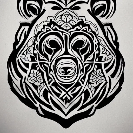 Image similar to concept tattoo design, stencil, bear, wreath surrounding bear