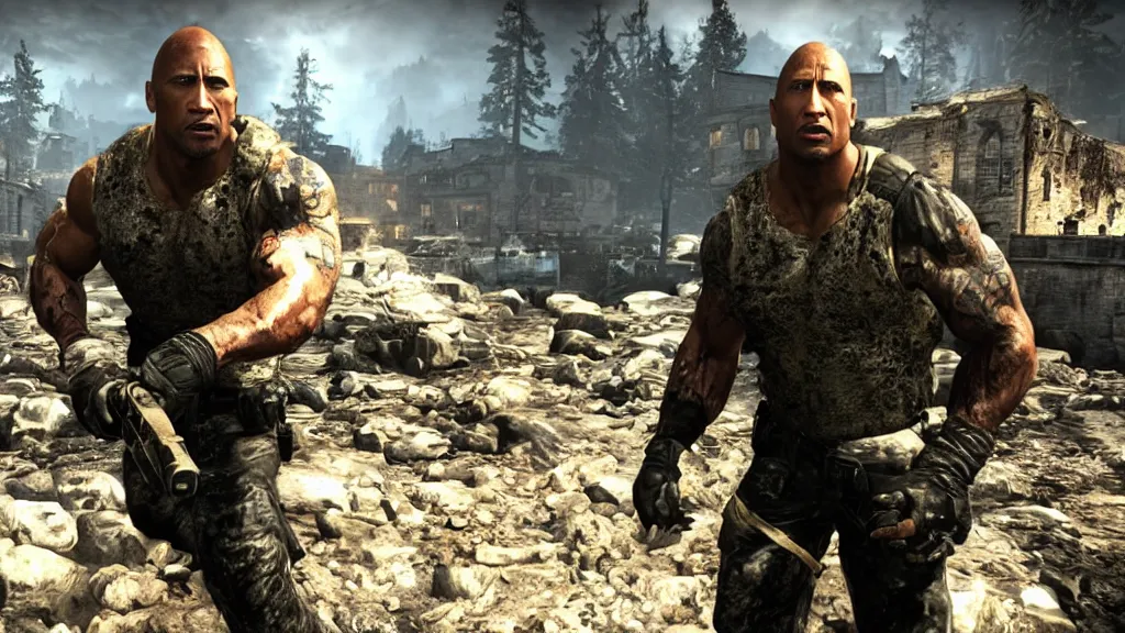 Image similar to dwayne the rock johnson, dwayne the rock johnson in the call of duty zombies map tranzit, black ops 2 tranzit, screenshot