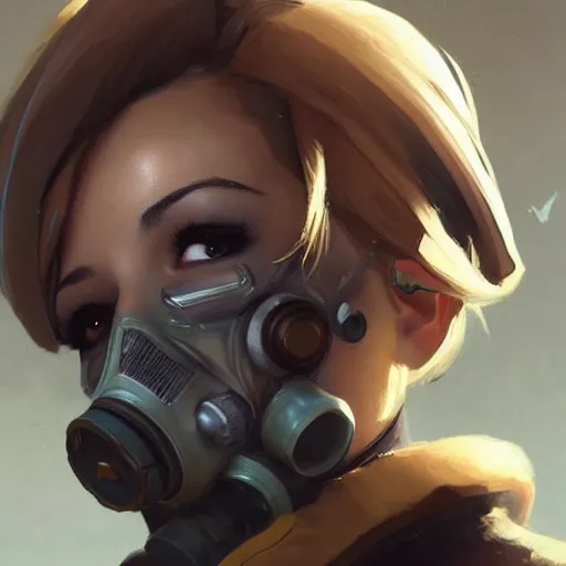 Image similar to mercy overwatch wearing a gas mask, 8 k resolution, highly detailed, intricate, very beautiful face, very detailed eyes, by greg rutkowski, wlop