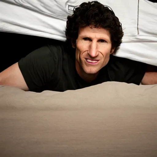 Image similar to A photograph of Todd Howard looking out from under a bed, 4K UHD, high quality, low light, funny