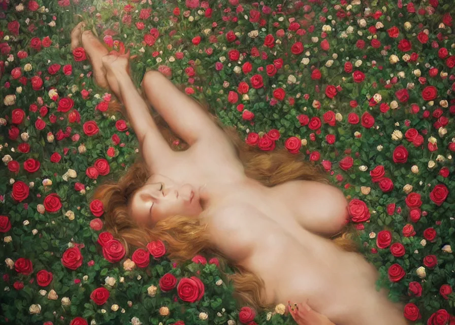 Prompt: painting of A woman laying in a sea of Roses and flora from super mario brothers, trending on ArtStation, masterpiece, by Greg Rutkowski, by Ross Tran, by Fenghua Zhong, octane, clear eyes, soft render, clear facial features, oil on canvas, moody lighting, cinematic, professional environment concept art