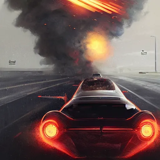 Prompt: big car exploding at high speed, elegant, digital painting, concept art, smooth, sharp focus, art style from Wang Ke and Greg Rutkowski and Bruce Kaiser and Scott Robertson and Dmitry Mazurkevich and Doruk Erdem and Jon Sibal, small style cue from Blade Runner and Minority Report and iRobots