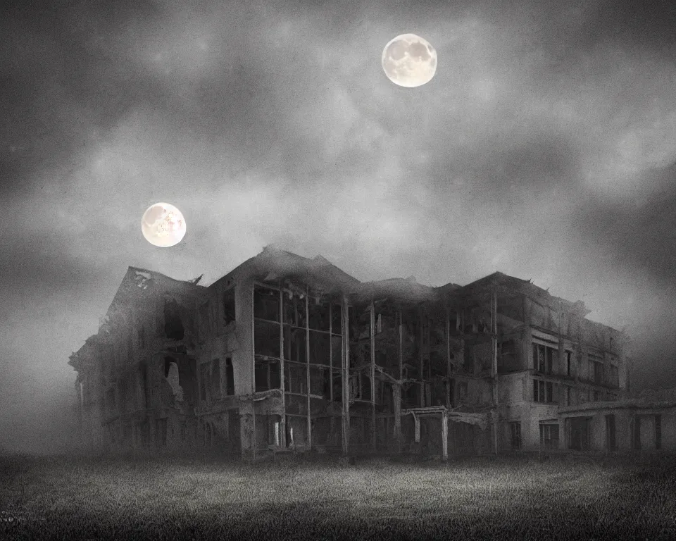 Prompt: midnight, the moon obscured by clouds, the dilapidated school, the dark unknown huddled in the corner gradually pouring out, mist, cg, ue 5 rendering