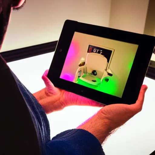 Prompt: a man playing on his iPad on the gaming toilet with rgb lights