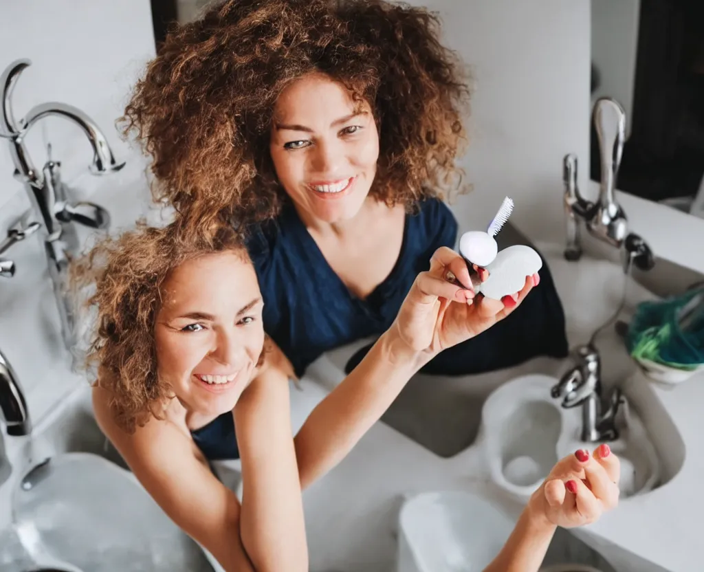 Prompt: first person point of view of a woman holding a tooth brush in front of kitchen sink