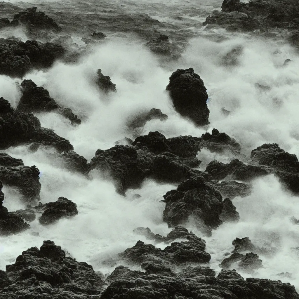 Image similar to dark and moody 1 9 7 0's artistic spaghetti western film in color, a large huge group of women in a giant billowing wide long flowing waving white dresses, standing inside a green mossy irish rocky scenic landscape, crashing waves and sea foam, volumetric lighting, backlit, moody, atmospheric, fog, extremely windy, soft focus