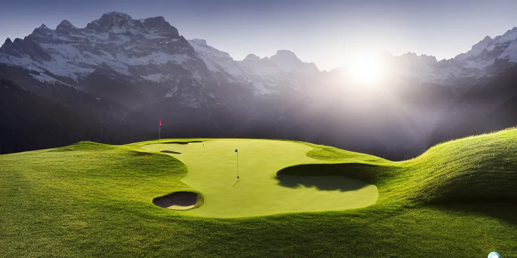 Image similar to a great photograph of the most amazing golf hole in the world, perfect light, steep drop, in the swiss alps, high above treeline, ambient light, 5 0 mm, golf digest, top 1 0 0, fog