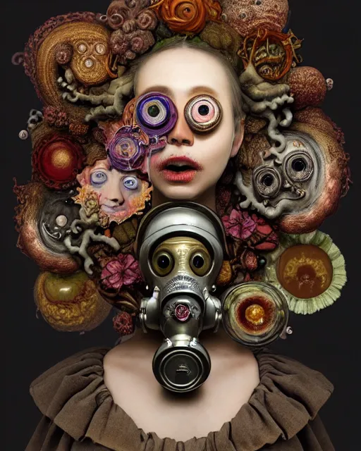 Image similar to a biomorphic portrait with with large eyes, expressive, wearing a botanical gas mask, baroque painting by ayami kojima, mark ryden, arcimboldo, cephalopod human chimera, mixed media 3 d collage, focus on head, soft light, 4 k, octane high quality render