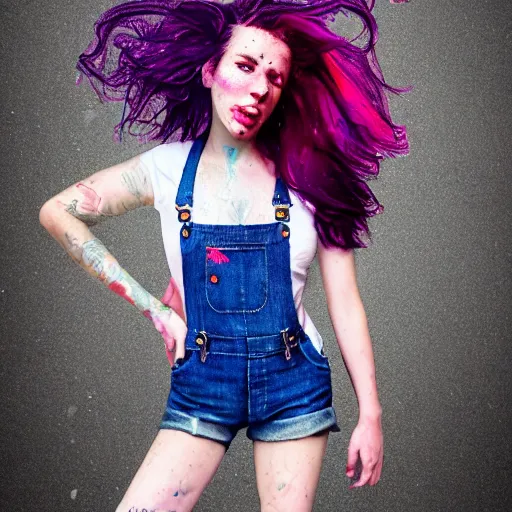 Prompt: realistic, full body portrait, grunge woman with rainbow hair, soft eyes and narrow chin, dainty figure, long hair straight down, torn overalls, short shorts, combat boots, wet tshirt, raining, basic white background, side boob, symmetrical, single person, style of by Jordan Grimmer and greg rutkowski, crisp lines and color,