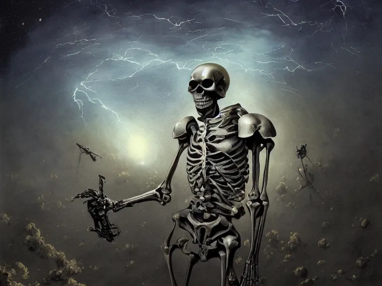 Prompt: a detailed profile airbrush painting of a skeleton in a space armour, cinematic sci-fi poster. technology flight suit, bounty hunter portrait symmetrical and science fiction theme with lightning, aurora lighting clouds and stars by beksinski carl spitzweg and tuomas korpi. baroque elements. baroque element. intricate artwork by caravaggio. Trending on artstation. 8k