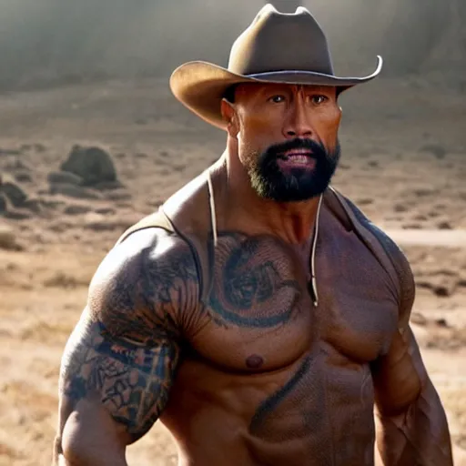 Image similar to a film still of Dwayne Johnson as beard cowboy