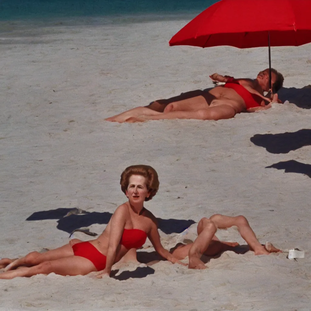 Image similar to margaret thatcher sunbathing, wearing red bikini, on a pristine beach with white sand, under an umbrella made from straws