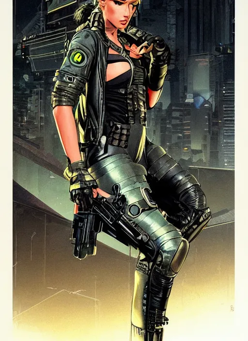 Prompt: cyberpunk mercenary in tactical gear and jumpsuit. high kick cyber chick. portrait by stonehouse and mœbius and will eisner and gil elvgren and pixar. realistic proportions. dystopian. cyberpunk 2 0 7 7, apex, blade runner 2 0 4 9 concept art. cel shading. attractive face. thick lines.