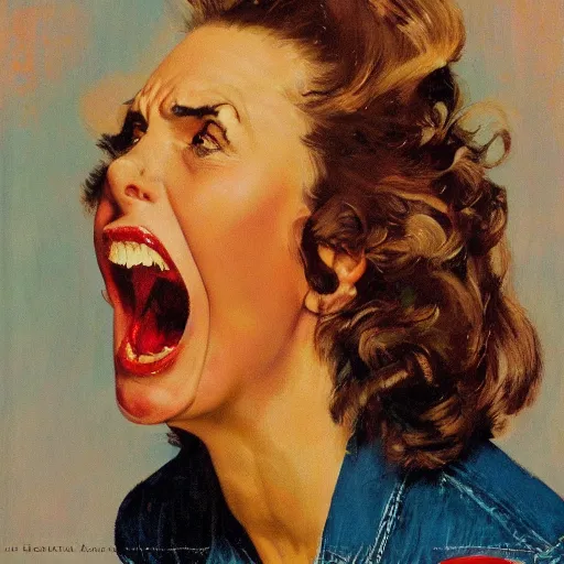 Prompt: head and shoulders portrait of woman, fierce, shouting, snarling, fully clothed, three quarter profile, norman rockwell, jacob collins, tom lovell, frank schoonover