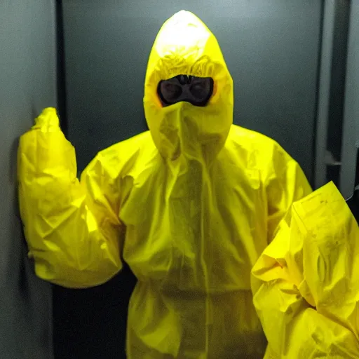 Image similar to a man wearing a yellow hazmat suit inside the very dark empty unsettling creepy backrooms, liminal space, flickering fluorescent lights, eerie mood