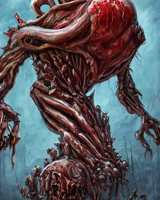 Image similar to Haunting horrifying detailed painting of a huge muscular hulking extraterrestrial flower monster made of bone and spinal cord, and bloodshot eyeballs, hyper detailed, trending on Artstation