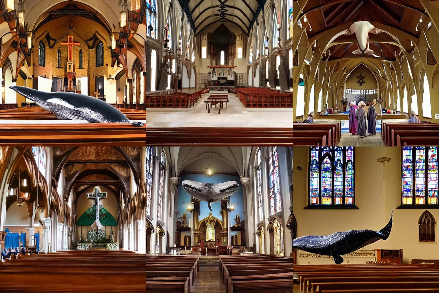 Prompt: whale praying in church, whale has horse legs, ultra realistic, highly detailed