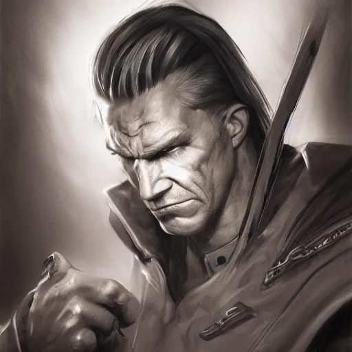 Image similar to portrait of a muscular, grim, ponytail haired blonde man in his late 30's, wearing a thick brown leather coat, looking to his side, scarred face, hunter, DnD character, fantasy character, dramatic lighting, high detail, graphite black and white by Ruan Jia, Krenz Cushart, Rossdraws and Boris Vallejo