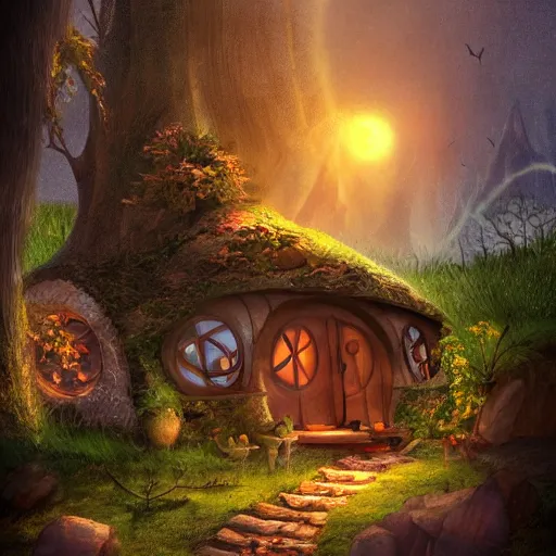 Prompt: a hobbit house with light coming out of a window, fantasy, digital art, artstation, beautiful, magical.