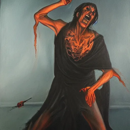 Prompt: dark magic excorcist performing an exorcism, oil painting,