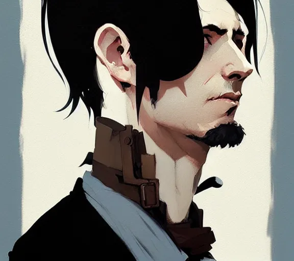 Prompt: portrait victorian man with black hair, by atey ghailan, by greg rutkowski, by greg tocchini, by james gilleard, by joe fenton, by kaethe butcher, by ashley wood, dynamic lighting, gradient light blue, brown, blonde cream and white color scheme, grunge aesthetic