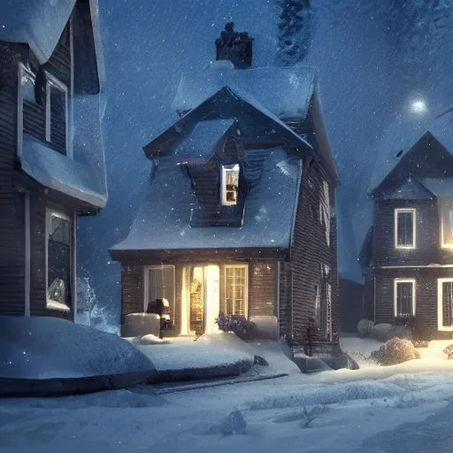 Image similar to snowy dark night, lights, swedish houses, realistic, cinematic, raytracing, intense detail, artstation