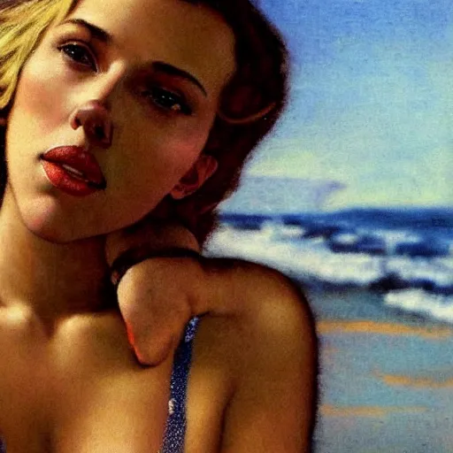 Image similar to Portrait still photograph of Scarlett Johansson wearing a swimsuit at the beach by Norman Rockwell, detailed, textured, golden hour, beach setting, medium shot, mid-shot, trending on Artstation