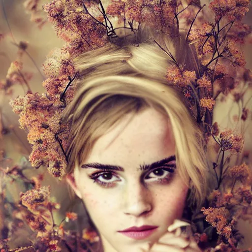 Image similar to fine art photo of the beauty goddess emma watson, she has a crown of dried flowers, by oleg oprisco