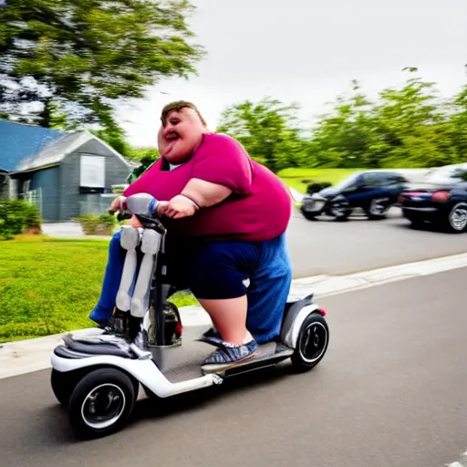 Prompt: incredibly morbidly obese american with severe diabetes riding on a ride - on - scooter
