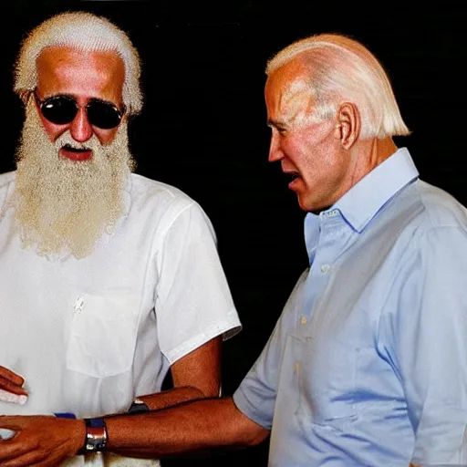 Image similar to ultra realistic candid photograph from osama bin laden with joe biden in bahamas, intricate details, face details