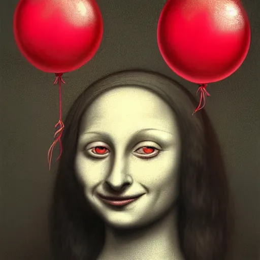 Prompt: surrealism grunge cartoon portrait sketch of a flower with a wide smile and a red balloon by - michael karcz, loony toons style, mona lisa style, horror theme, detailed, elegant, intricate