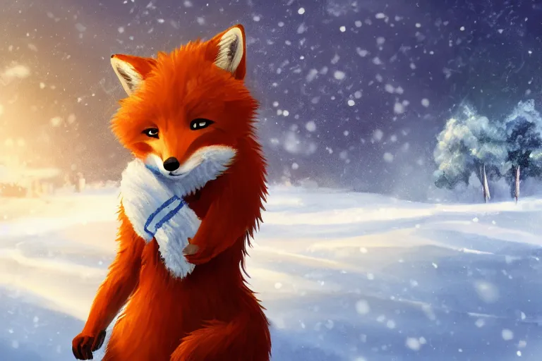 Image similar to an anthropomorphic fox with a fluffy tail wearing a scarf playing in the snow, backlighting, trending on pixiv, digital art, furry art, trending on furaffinity