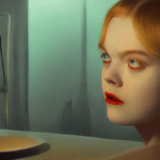 Prompt: Elle Fanning drinking blood at night at night in the world of Edward Hopper, creepy basement room, flickering lights, extremely detailed masterpiece, oil on canvas, low-key neon lighting, artstation, Blade Runner 2049, Roger Deakin’s cinematography, by J. C. Leyendecker and Peter Paul Rubens,