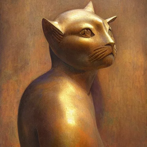 Image similar to masterpiece painting of an ancient bronze sculpture of a mechanical cat head, by annie swynnerton and diego rivera and nicholas roerich and jean delville and charlie bowater, symbolist, dramatic lighting, god rays, elaborate geometric ornament, art brut, rich colors, smooth sharp focus, extremely detailed, adolf wolfli