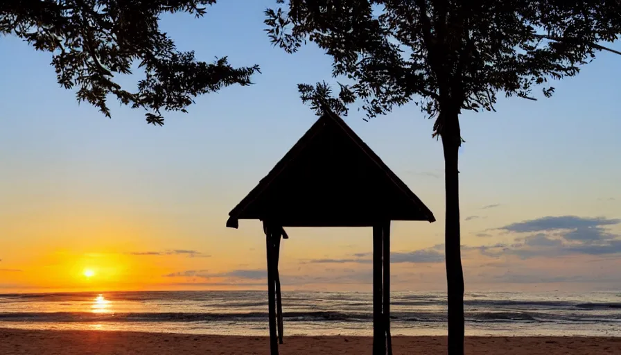 Image similar to a old house standing at a beach at sunset