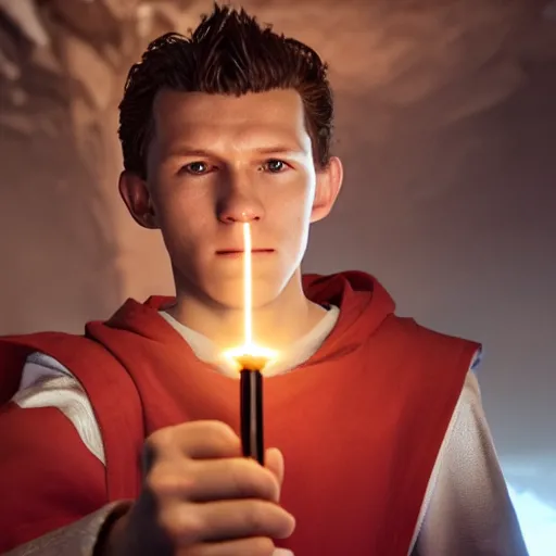 Prompt: Tom Holland wearing a monks tunic, holding a small glowing red magical wand with electrical bolts emitting from it. In a cave made of ice. Trending on Artstation, octane render, ultra detailed, art by Ross tran