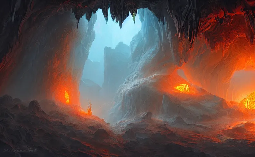 Prompt: an igneous cave interior, lit by magma puddles, ominous, fantasy digital painting, stunning, intricate details, artwork by ross tran and artgerm