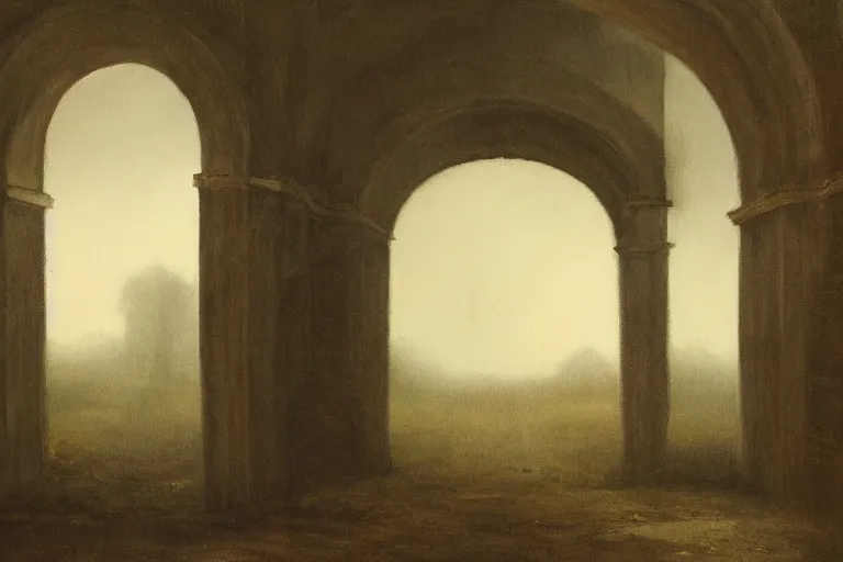 Prompt: dark and dreary dreamscape depicting an archway with prominent keystone