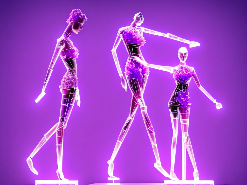 Image similar to beautiful mannequin sculpted out of amethyst by billelis + lit with purple 3 d geometric neon + chrome geometric cubed bonsai plants!!!!, doorway opening with neon pink geometric light, clean linework, dramatic, finely detailed, rule of thirds, moody, confident, award winning, 4 k, trending on artstation, photorealistic, volumetric lighting, octane render