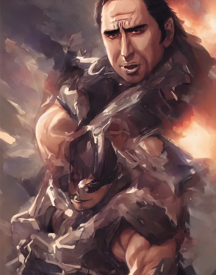 Image similar to anime portrait of nicolas cage as a muscular anime boy by Stanley Artgerm Lau, WLOP, Rossdraws, James Jean, Andrei Riabovitchev, Marc Simonetti, and Sakimichan, trending on artstation