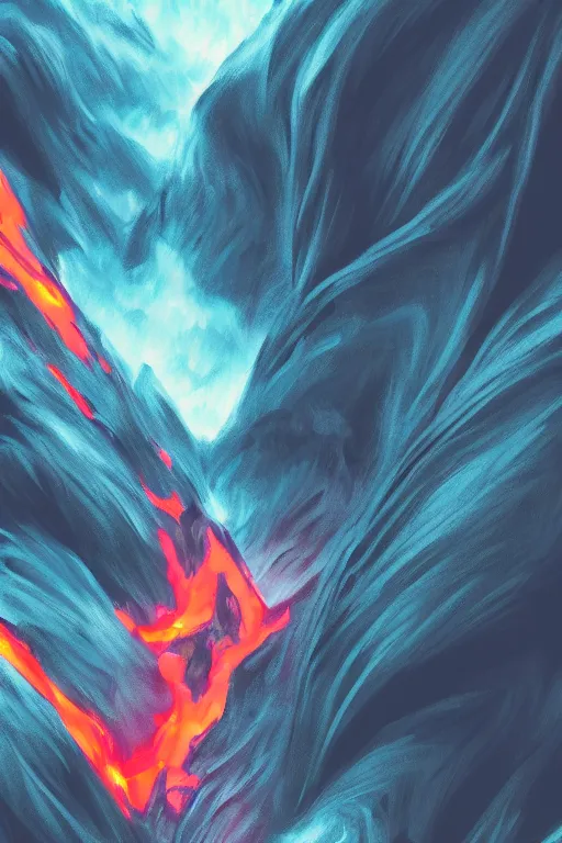 Prompt: a 2d drawing of lava flowing through mountains, cyberpunk palette, hd phone wallpaper